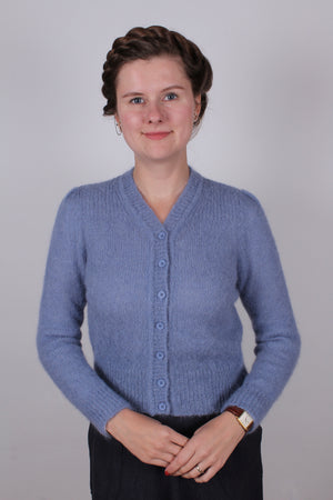 1940’er vintage style mohair cardigan med lille pufærme - Støvet blå - Lisbeth